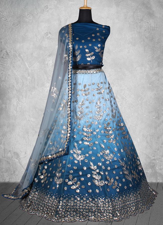 Net Teal Wedding Wear Sequins Work Lehenga Choli